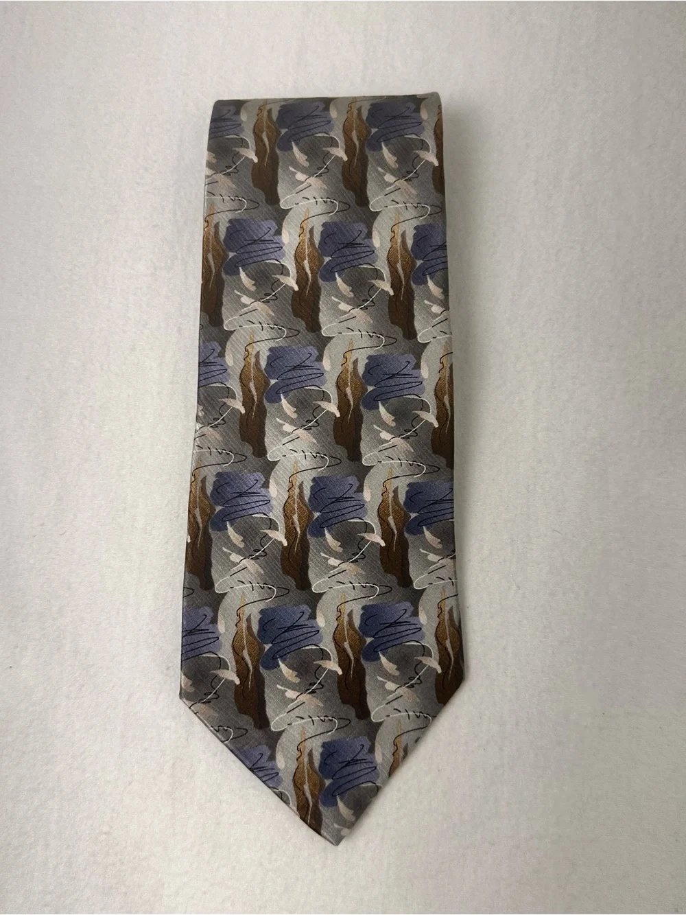 Men's Abstract Pattern Silk Tie in Gray, Blue & Brown